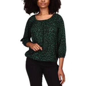 Michael Kors Women's Green & Black Cheetah Print Mobwife Smock Peasant Top XS